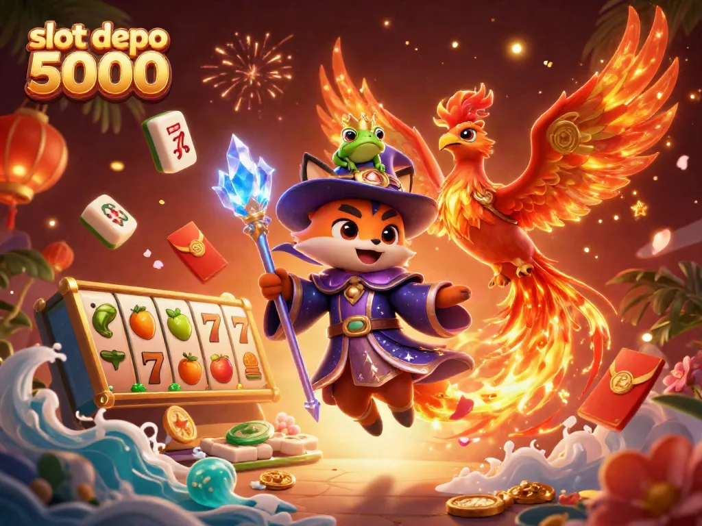Experience the magic of slot depo 5000 with this dynamic illustration featuring a wizard and a phoenix amidst slot symbols and enchanting elements.
