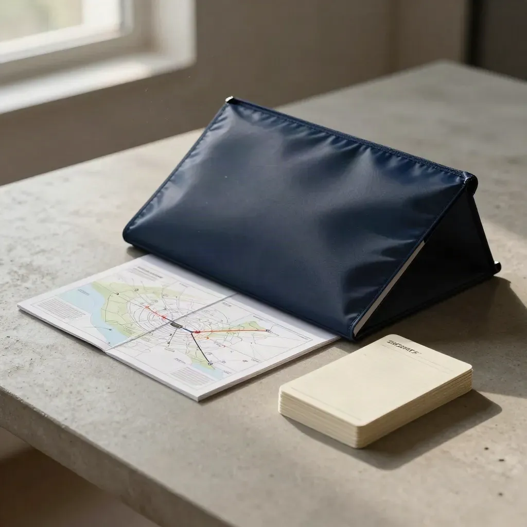Kit di crescita in sleeve blu, workbook e card su cemento, luce drammatica.