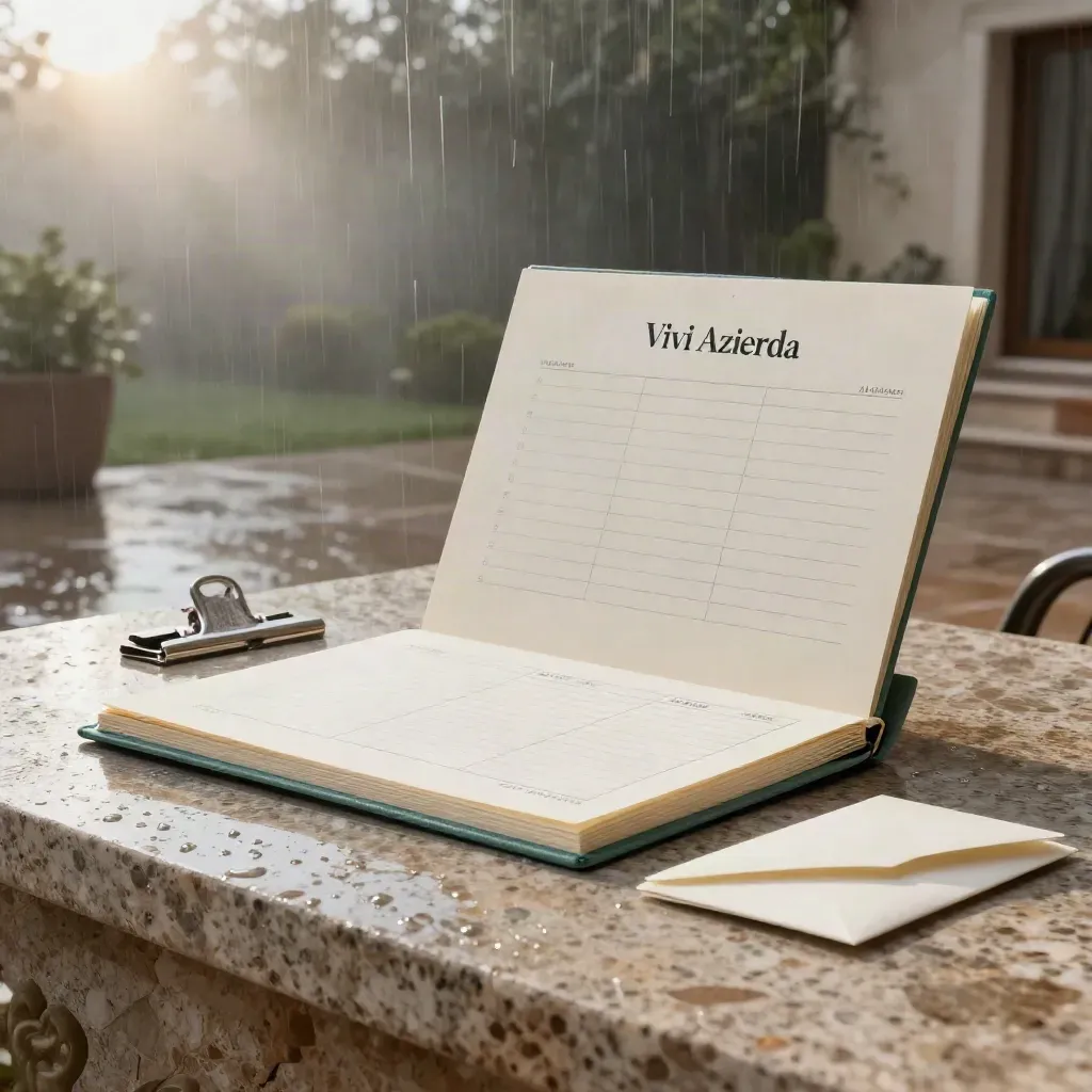 Folio consulenza PMI su terrazza in travertino con schede e busta dopo la pioggia.