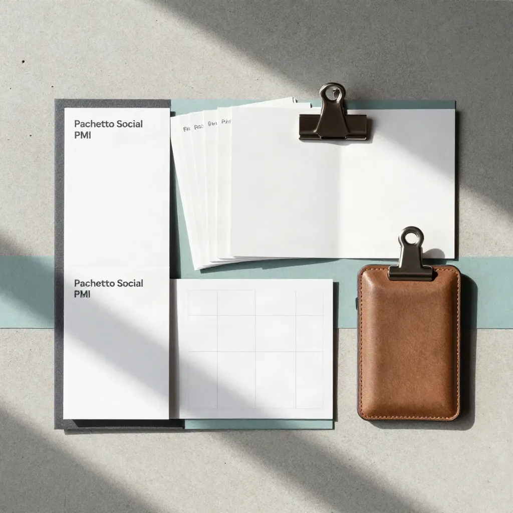 Flat lay dall’alto di schede social, foglio piegato e fermaglio su lastra chiara.