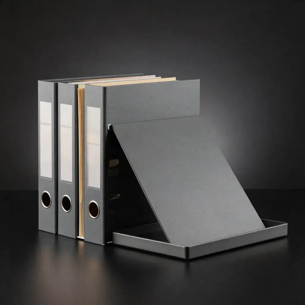 Binder modulare per processi d’ufficio su base nera, con linguette e cartelle in luce drammatica.