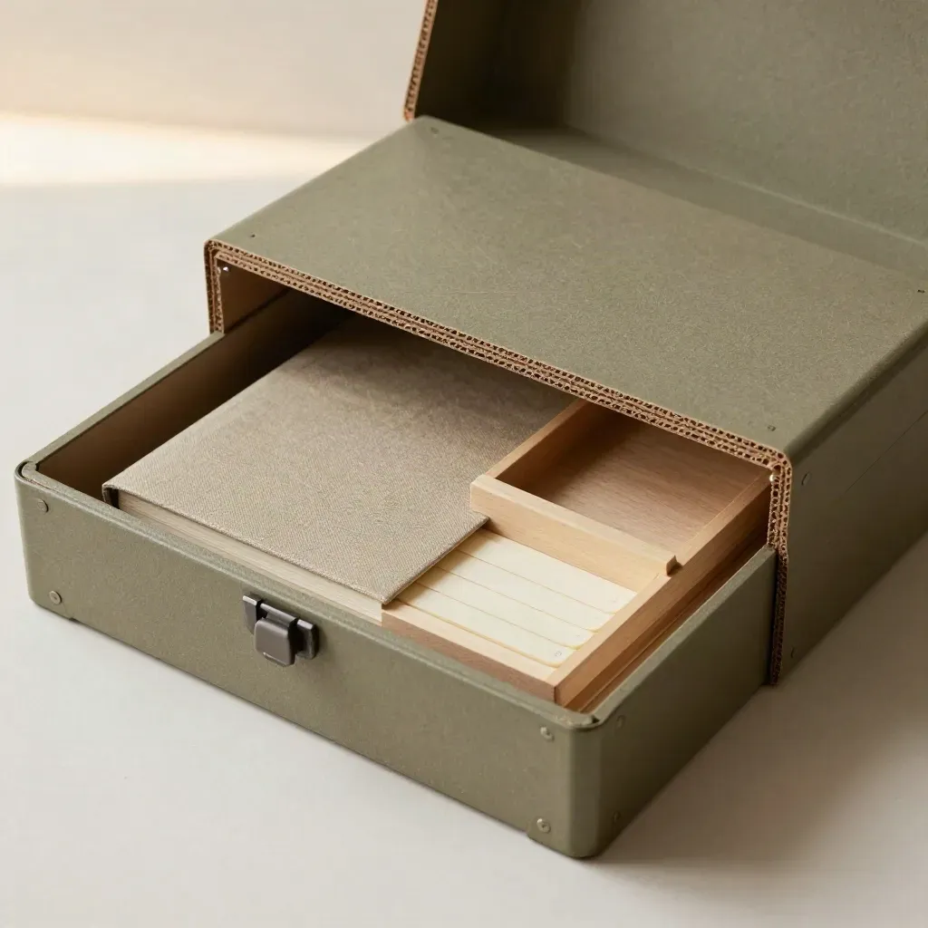 Box manuale grezzo con workbook, divisori e vassoio in legno su intonaco grezzo, luce calda.