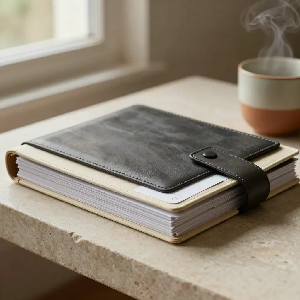 Folio audit sito web su panca di pietra con tazza in ceramica e luce morbida.