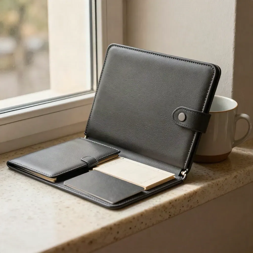 Case grafite per campagne ads, sleeve tablet e card piegata accanto a una tazza in luce calda.