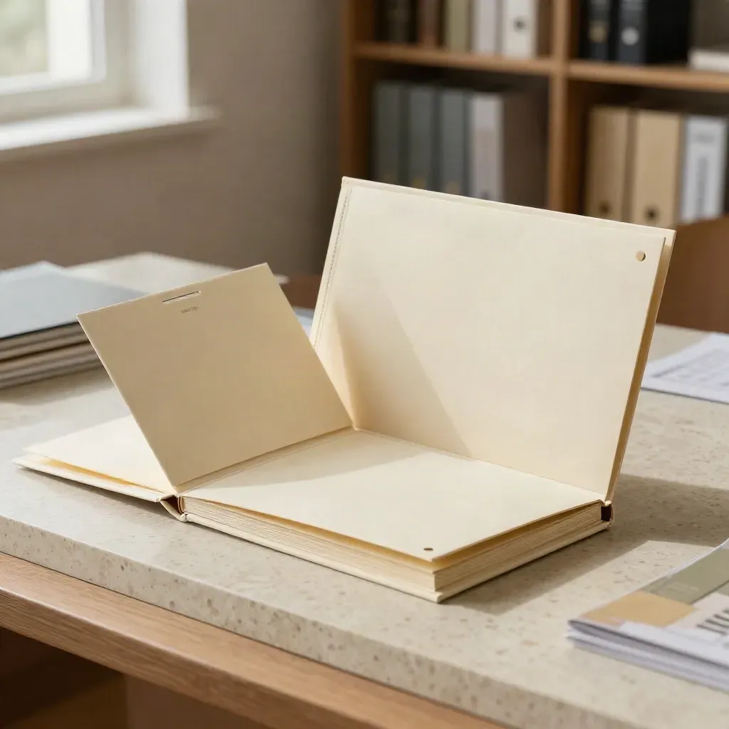 Folio crema consulenza con inserti aperti su plinto in travertino, in studio elegante.