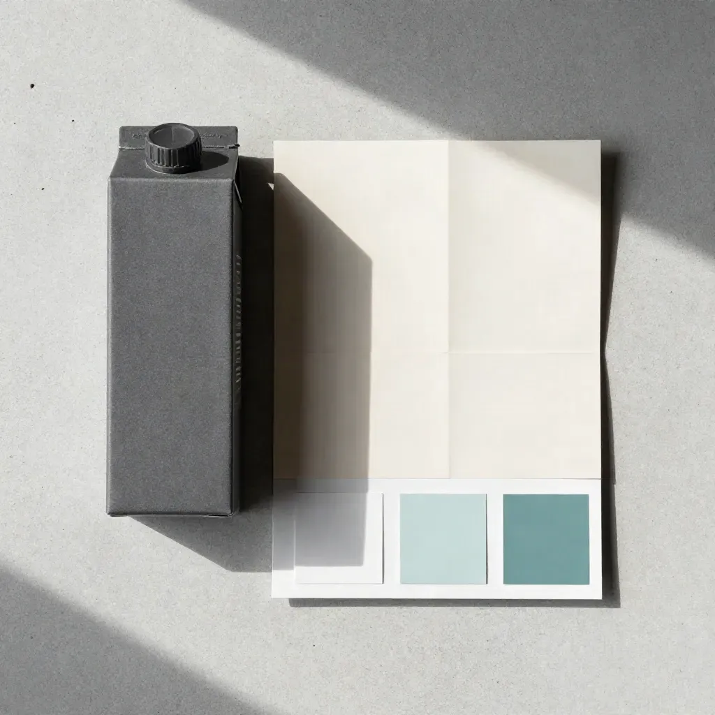 Flat lay dall'alto con box kit brand, swatch card e palette campione su cemento chiaro.