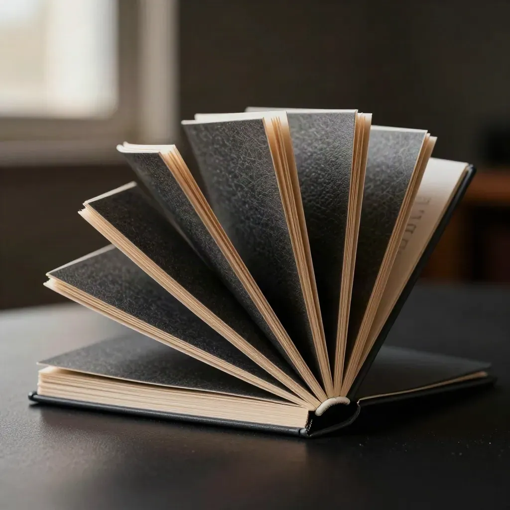 Set vendite con tre libretti neri a ventaglio, clip nera e box sottile su fondo scuro.