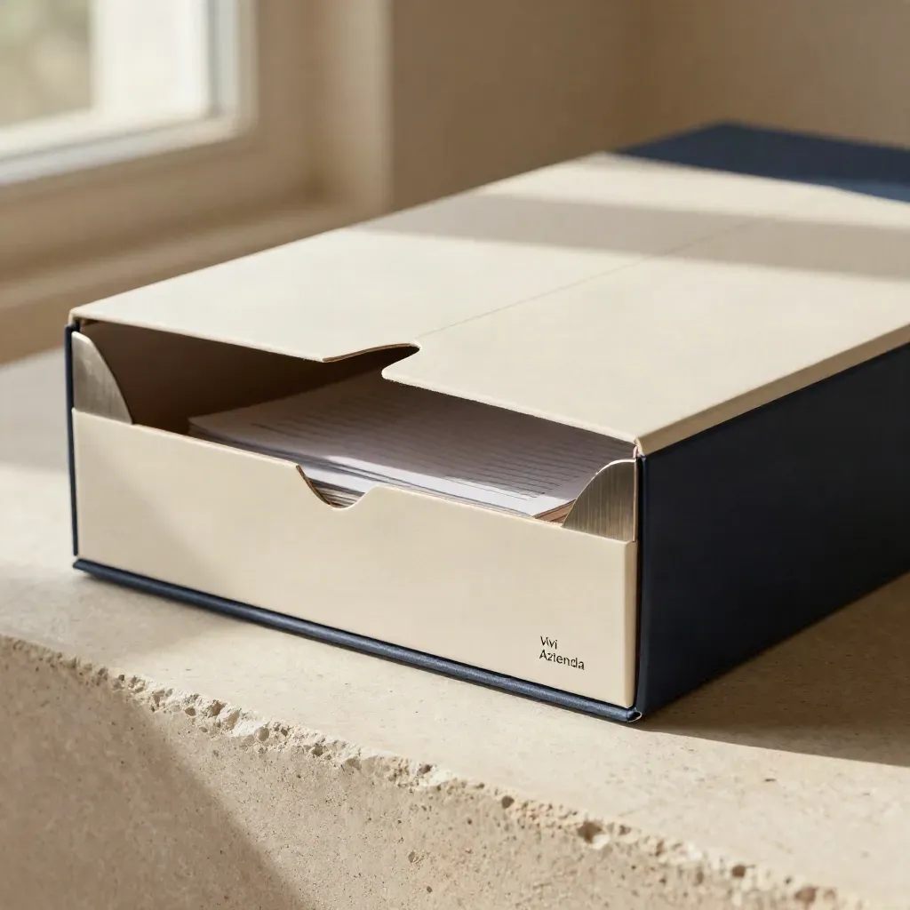 Scatola semiaperta del piano marketing su intonaco grezzo con inserti piegati e angolo metallico.