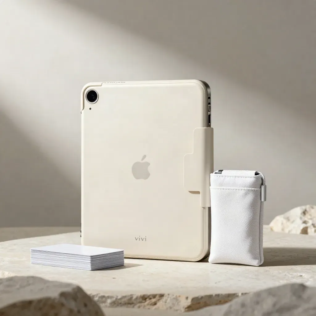 Kit digitale premium con sleeve tablet, carte e pouch su pietra chiara.