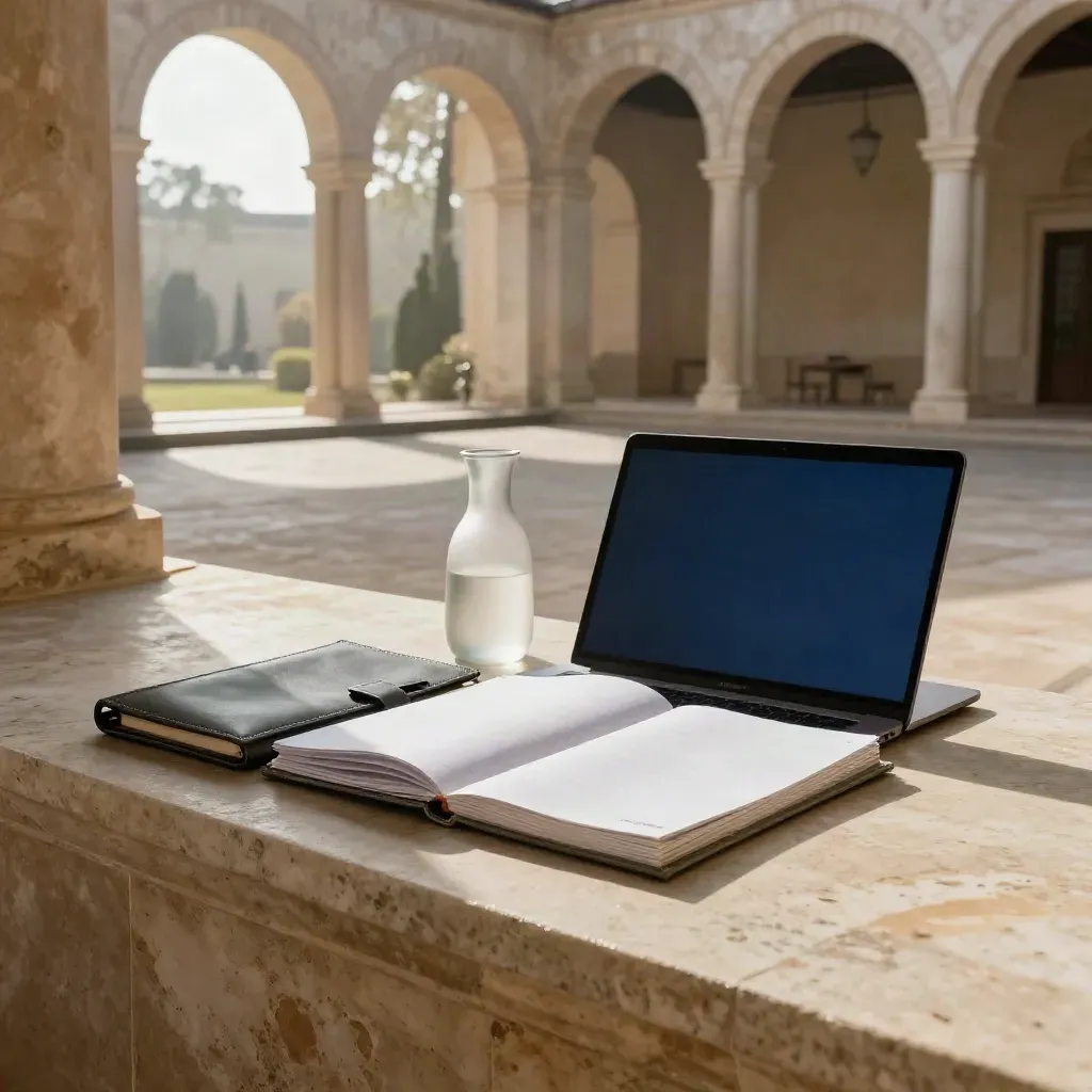 Cortile di pietra con archi, cartelle e laptop chiuso, luce di sole dopo la pioggia