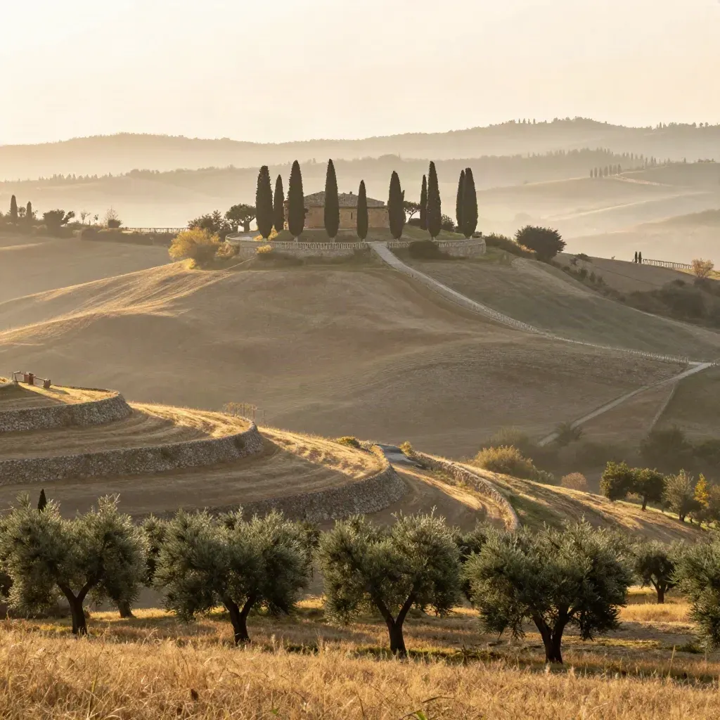 Colline toscane terrazzate con cipressi e muretti in pietra al tramonto
